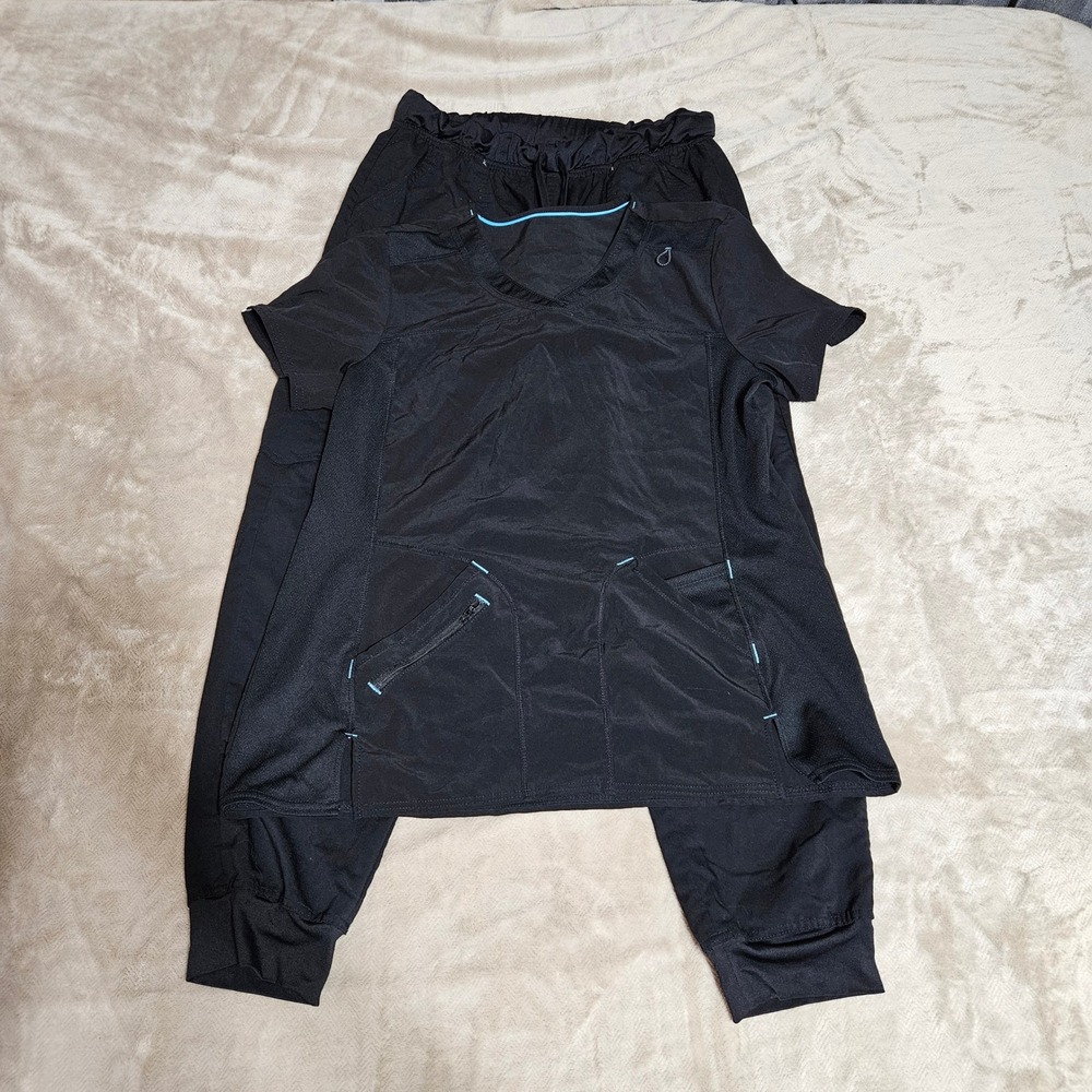 Womens Black Scrub Set V-Neck Top Jogger Pants Large
